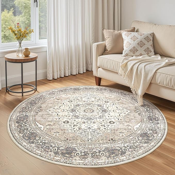 Washable 5 Ft Round Area Rug - 5x5 Area Rugs for Living Room Bedroom Dining Room Home Office Floor Decor- Vintage Floral Stain & Fade Resistant Non-Slip Backing Carpet (Camel/Beige)