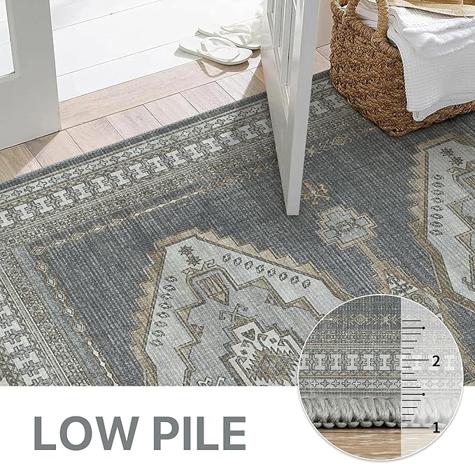 GENIMO Machine Washable 9x12 Area Rugs for Living Room, Non Slip Vintage Rugs, Low Pile Lightweight Chenille Print Rug for Bedroom, Dining Room, Home Office, Gray/Beige