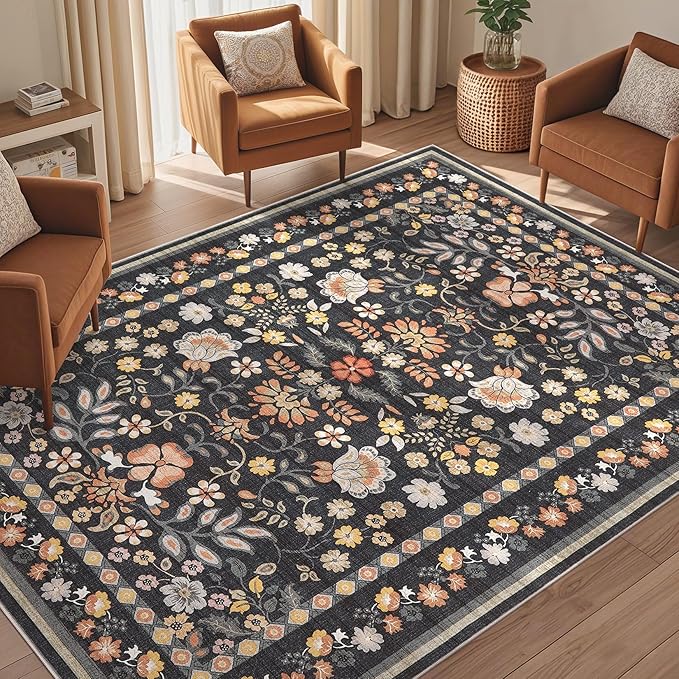 9x12 Area Rug Living Room Rugs - Washable Boho Vintage Floral Large Soft Non Slip Thin Rug Low Pile Carpet for Bedroom Dining Room Kids Playroom Office Decor Indoor- Black Grey