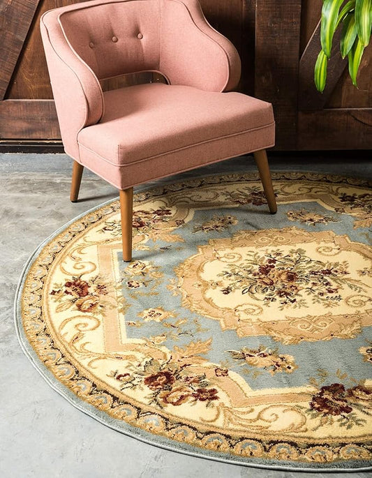 Unique Loom Versailles Collection Traditional Classic Floral Motif Area Rug (6' 0 x 6' 0 Round, Slate Blue/ Ivory)