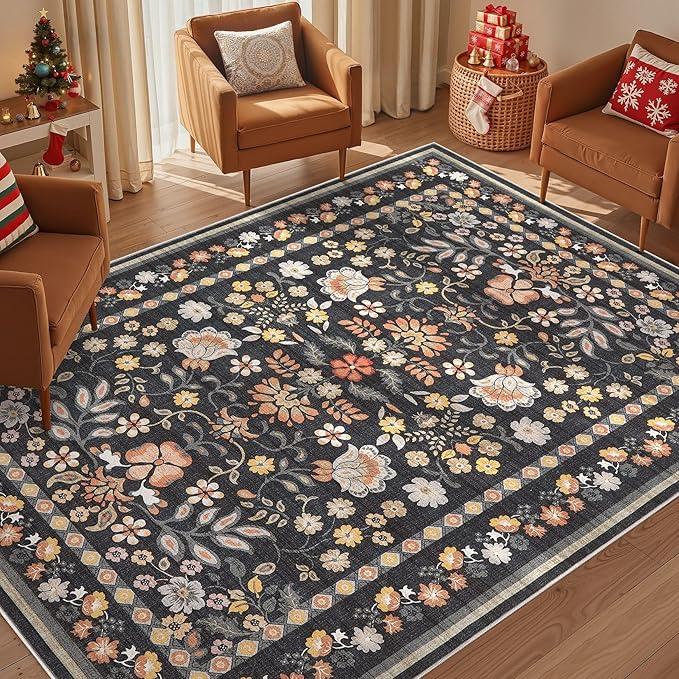 5x8 Area Rug Living Room Rugs - Washable Boho Vintage Floral Large Soft Non Slip Thin Rug Low Pile Carpet for Bedroom Dining Room Kids Playroom Office Decor Indoor- Black Grey