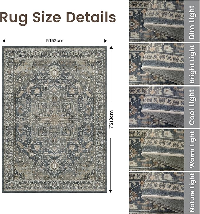 Rugland 5x7 Area Rugs - Stain Resistant Washable Rug, Anti Slip Rugs for Living Room, Vintage Tribal Area Rugs(Medallion 01-Deep/Grey, 5'x7')
