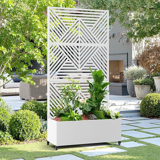 15.7"×70.9"×35.4" Metal Raised Garden Bed with Trellis and Wheels - Tall Trellis Planter Box for Climbing Plants, Vegetables & Vines - Outdoor Privacy Planters for Patio (White-Zodiac)