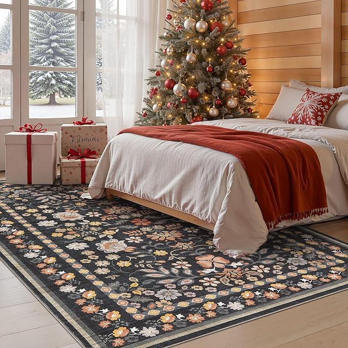 5x8 Area Rug Living Room Rugs - Washable Boho Vintage Floral Large Soft Non Slip Thin Rug Low Pile Carpet for Bedroom Dining Room Kids Playroom Office Decor Indoor- Black Grey