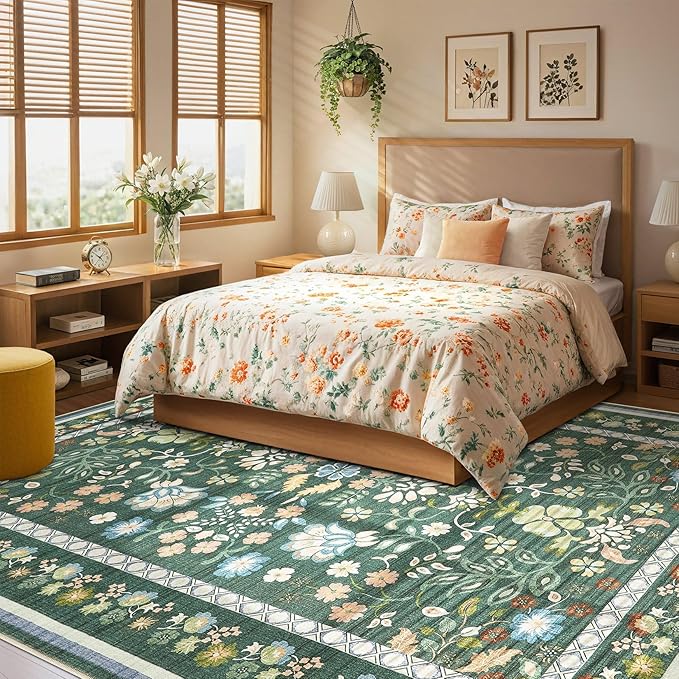 5x8 Area Rug Living Room Rugs - Washable Boho Vintage Floral Large Soft Non Slip Thin Rug Low Pile Carpet for Bedroom Dining Room Kids Playroom Office Decor Indoor- Green