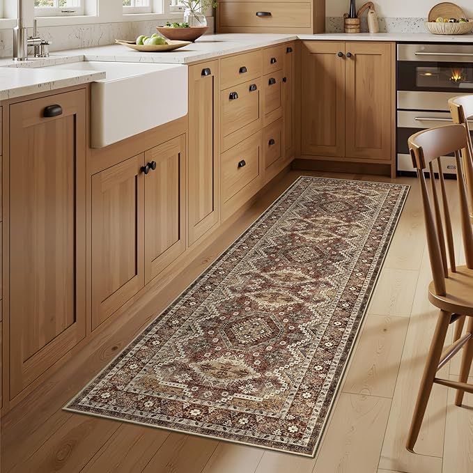 Rugland 2'6x8' Runner Rug, TPR07-Rust, Vintage Tribal, Stain Resistant, Anti-Slip Backing, Machine Washable, Low Pile, Indoor, Rug