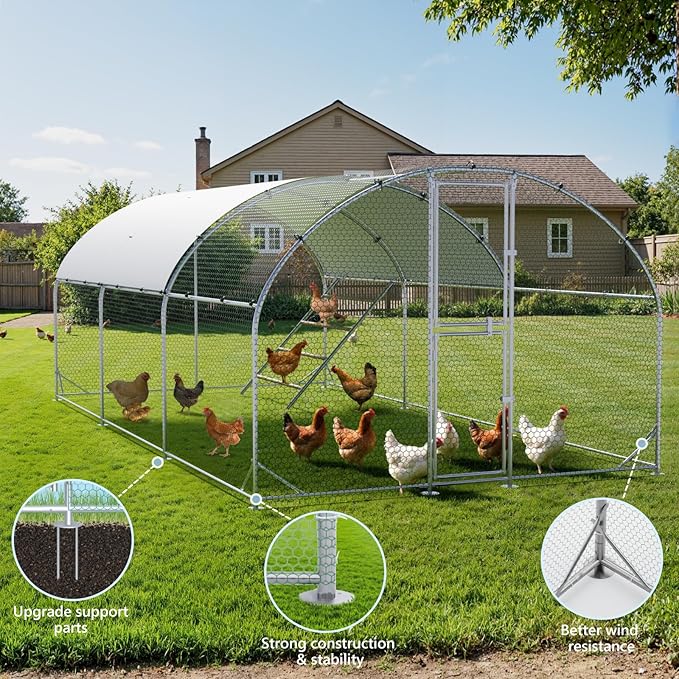 Large Chicken Coop,10x20x6.5FT Metal Chicken Run for Yard with Feeding Door, Round Top Walk-in Chicken Pen,Outdoor Poultry Cage with Anti-UV Cover,Rabbit Duck House