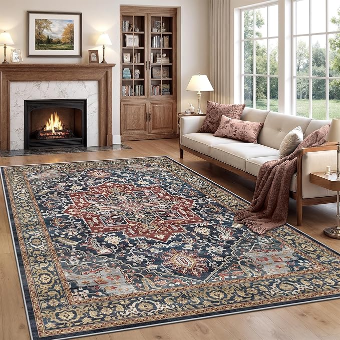 Rugland 5x7 Area Rugs - Stain Resistant Washable Rug, Anti Slip Rugs for Living Room, Vintage Tribal Area Rugs(Medallion 01-Rust/Blue, 5'x7')