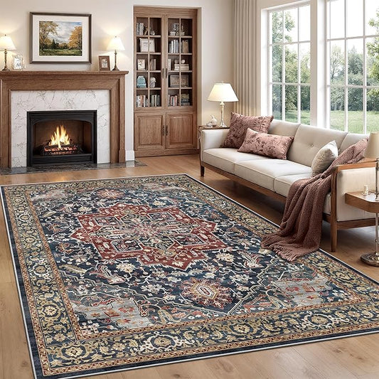 Rugland 8x10 Area Rugs - Stain Resistant Washable Rug, Anti Slip Rugs for Living Room, Vintage Tribal Area Rugs(Medallion 01-Rust/Blue, 8'x10')