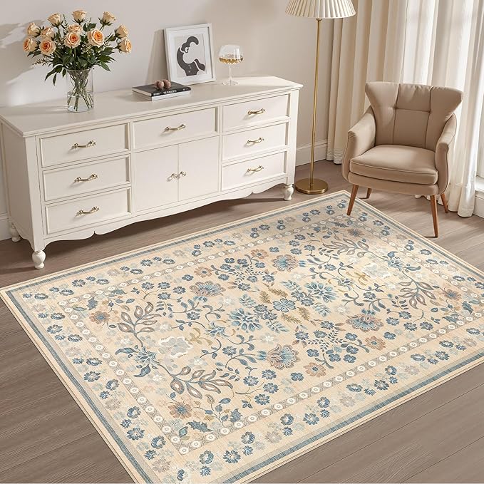 4x6 Area Rug Living Room Rugs - Washable Boho Vintage Floral Large Soft Non Slip Thin Rug Low Pile Carpet for Bedroom Dining Room Kids Playroom Office Decor Indoor- Multi Color