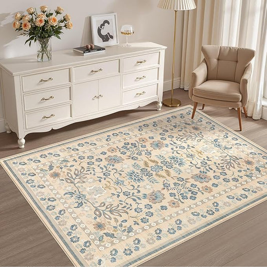 4x6 Area Rug Living Room Rugs - Washable Boho Vintage Floral Large Soft Non Slip Thin Rug Low Pile Carpet for Bedroom Dining Room Kids Playroom Office Decor Indoor- Multi Color