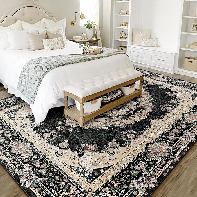 8x10 Area Rugs Washable,Black Rug for Living Room Bedroom Dining Room,Large Boho Vintage Bohemian Distressed Carpet Non Slip,Floral