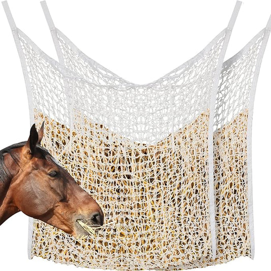 Fabbay 2 Pcs Slow Feed Hay Net Hay Feeder Bags for Horses Goat Stall Trailer Horse Feeding Supplies(35 x 31 Inch,White)