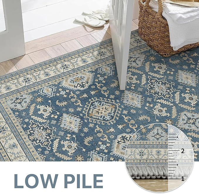 GENIMO Machine Washable 8x10 Area Rugs for Living Room, Non Slip Vintage Rugs, Low Pile Lightweight Chenille Print Rug for Bedroom, Dining Room, Home Office, Blue