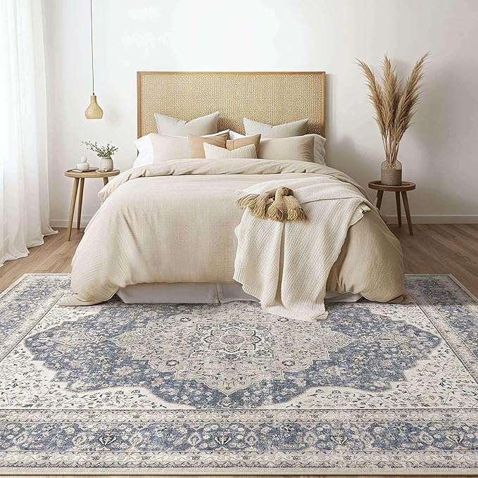 Washable Rug for Living Room - 10x12 Non-Slip Soft Vintage Floral Area Rug for Family Kids & Pet, Stain Resistant Carpet for High Traffic Bedroom Dining Room Teen Dorm Home Decor Aesthetic (Blue)