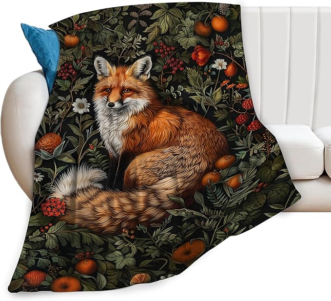 Fox Vintage Forest Decor Throw Blanket - Comfy Plush Flannel Fleece Warm Soft Fluffy Fuzzy Winter Blanket - Fox Lover Gifts for Girls, Boys, Women, Teens, Adults - Bed, Sofa, Couch - 40"X50"