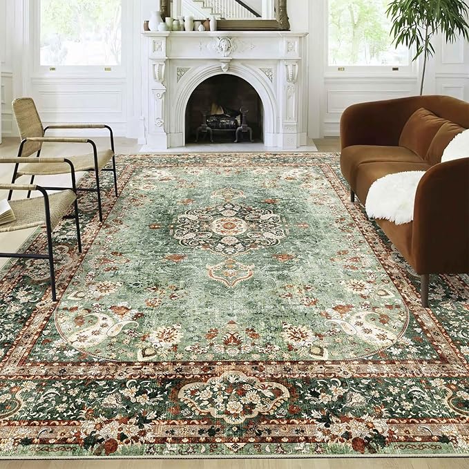 9x12 Area Rugs Washable,Green Rug for Living Room Bedroom Dining Room,Large Boho Vintage Bohemian Distressed Oriental Carpet Non Slip