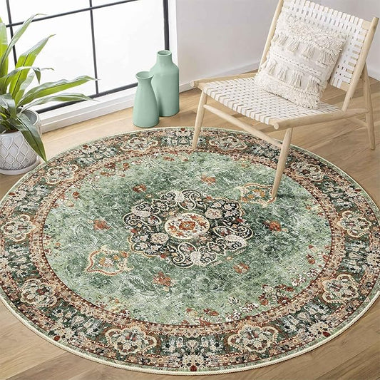 Green Round Rug 4ft,Circle Washable Area Rugs for Bedroom Bathroom Entryway,Boho Vintage Bohemian Distressed Oriental Floral Carpet Non Slip,Sage