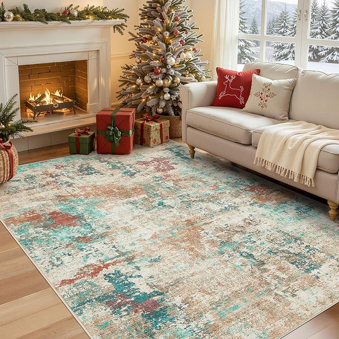 5x7 Christmas Area Rug Living Room Rugs - Washable Neutral Modern Abstract Soft Thin Large Rug Indoor Floor No Slip Rug Carpet for Bedroom Under Dining Table Home Office Decor - Colorful