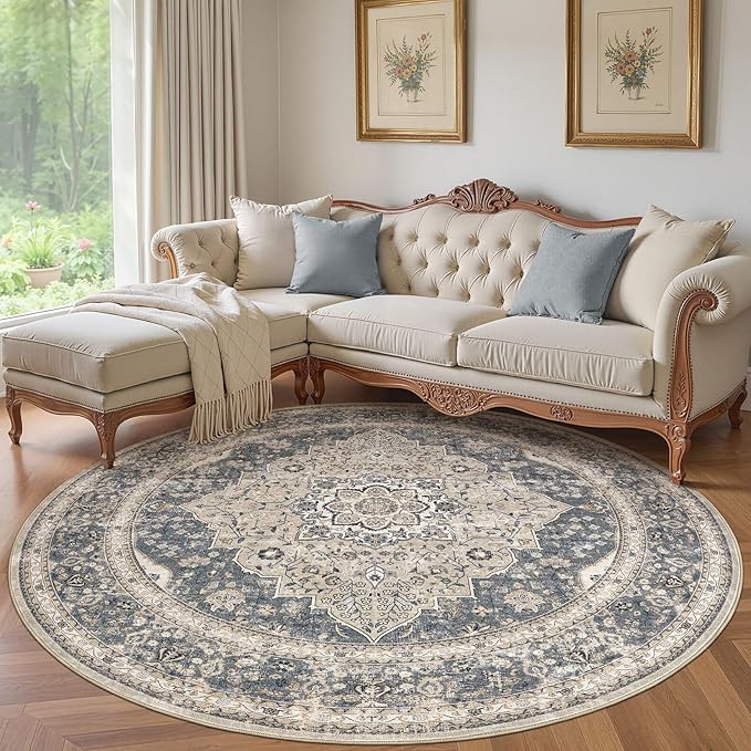 Washable 8 Ft Round Area Rug - Vintage Floral Stain & Fade Resistant Non-Slip Backing Carpet for Living Room, Bedroom, Dining Room, Home Office Floor Decor Large Carpets(Blue/Beige)