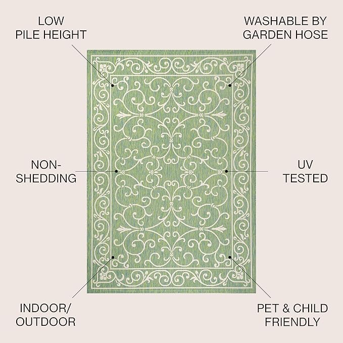 JONATHAN Y Vintage Filigree Indoor Outdoor Area Rug 5X8 Green/Ivory, Charleston Textured Weave for Backyard, Patio, Porch, Easy-Cleaning, High Traffic, Pet-Friendly, Non-Shedding (SMB106K-5)