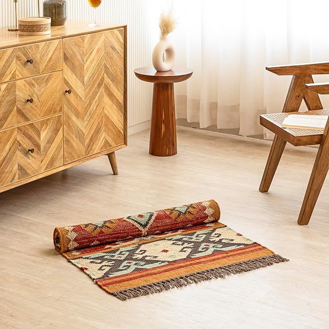 Jute Traditional Kilim Rug Boho Flatweave Area Rug for Living Room, Living Room Entryway, Tribal Series, 2'x16'