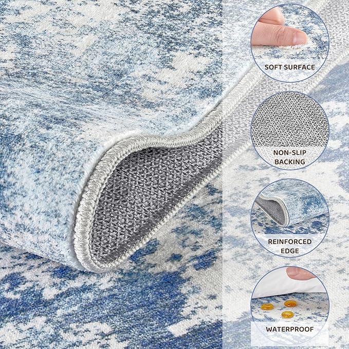 5x7 Area Living Room Rugs - Washable Neutral Modern Abstract Soft Thin Rug Indoor Floor No Slip Rug Carpet for Bedroom Under Dining Table Home Office Decor - Blue White