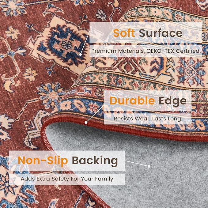 Rugland 4x6 Rug - Stain Resistant Washable Rug, Anti Slip Backing Rugs for Living Room, Vintage Tribal Area Rugs (TPR10-Burgundy, 4'x6')