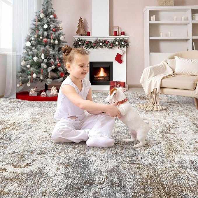 7x9 Area Rug Living Room Rugs - Washable Neutral Modern Abstract Soft Thin Large Rug Indoor Floor No Slip Rug Carpet for Bedroom Under Dining Table Home Office Decor - Brown Grey