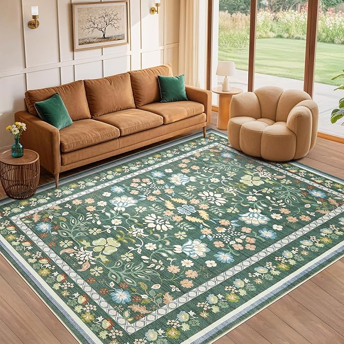 10x12 Area Rug Living Room Rugs - Washable Boho Vintage Floral Large Soft Non Slip Thin Rug Low Pile Carpet for Bedroom Dining Room Kids Playroom Office Decor Indoor- Green