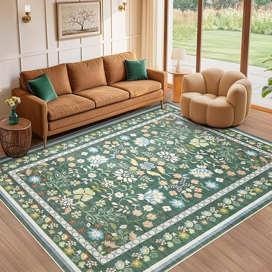 10x12 Area Rug Living Room Rugs - Washable Boho Vintage Floral Large Soft Non Slip Thin Rug Low Pile Carpet for Bedroom Dining Room Kids Playroom Office Decor Indoor- Green