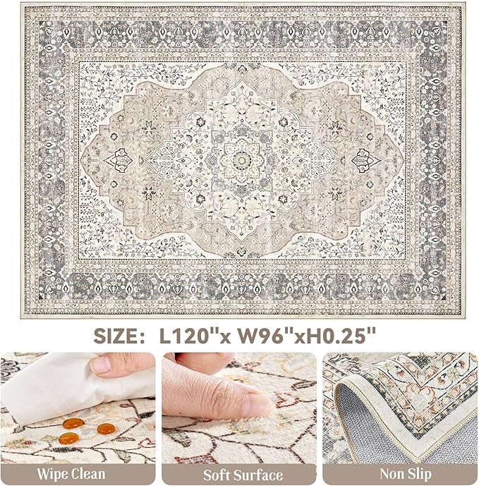 Washable Rug 8x10 Area Rugs for Living Room Bedroom Dining Room Home Office Floor Decor -Stain & Fade Resistant Non Slip Backing Carpet,Ultra-Thin Vintage Large Carpets (Camel/Beige,8'x10')