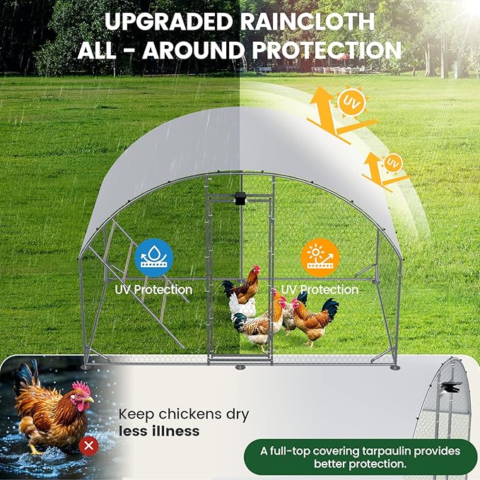 Chicken Coop Large Metal Chicken Run with Full-Top Waterproof Cover - Chicken House for 6/10 Chickens, Poultry Cage with Solar Light, Backside Poles, Walk-in Pen for Rabbits Ducks Yard 1 Room