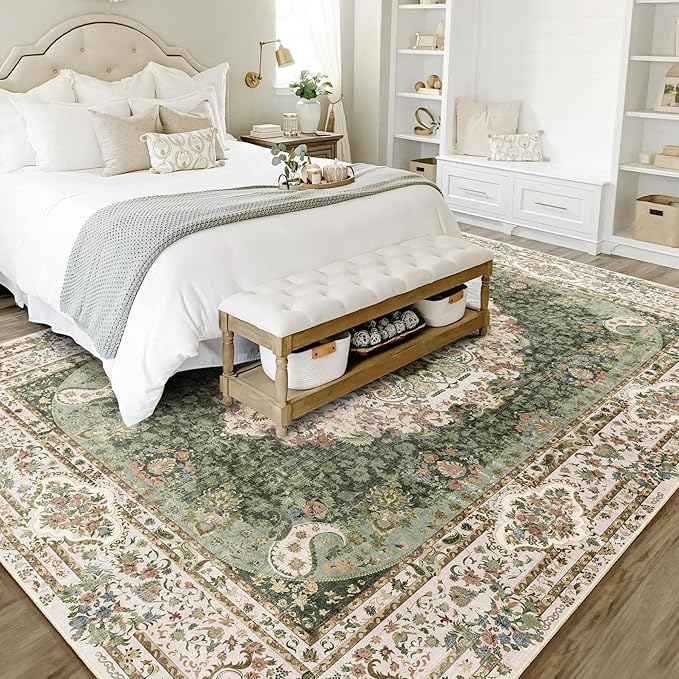 8x10 Area Rugs Washable,Green Rug for Living Room Bedroom Dining Room,Large Boho Vintage Bohemian Distressed Carpet Non Slip,Floral