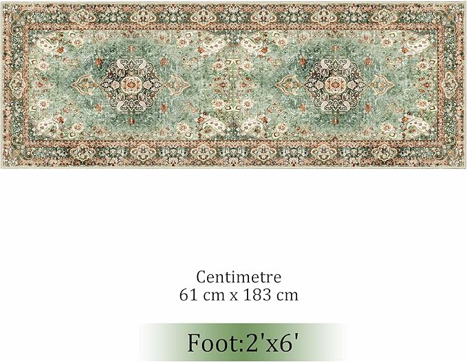 Washable Runner Rug 2x6,Green Rug Runners Non Slip,Long Boho Rugs for Hallways Kitchen Bedroom Entryway Living Room Bathroom,Vintage Bohemian Distressed Oriental Floor Carpet
