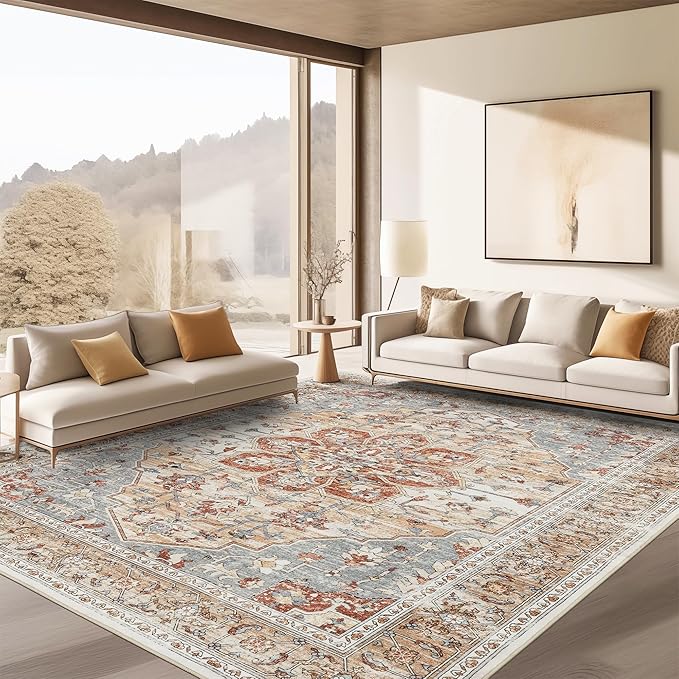 Rugland 8x10 Area Rugs - Stain Resistant Washable Rug, Anti Slip Backing Rugs for Living Room, Vintage Tribal Area Rugs (TPR11-Orange, 8'x10')