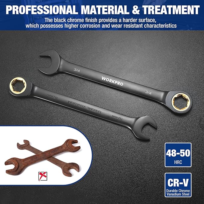 WORKPRO 22-Piece Ratcheting Wrench Set, Anti-slip Teeth, Ratchet Combination Wrench Sets with Organizer Box, Metric 6-18mm & SAE 1/4-3/4", Black Electrophoretic Coating