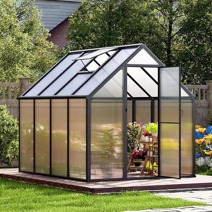 6'x8' Snap-Together Greenhouse - Easy 3-Way Connectors, Heavy-Duty Aluminum Frame, Wind/Snow Resistant for Gardening/Urban Farming, Includes Sliding Door and Ventilation Windows