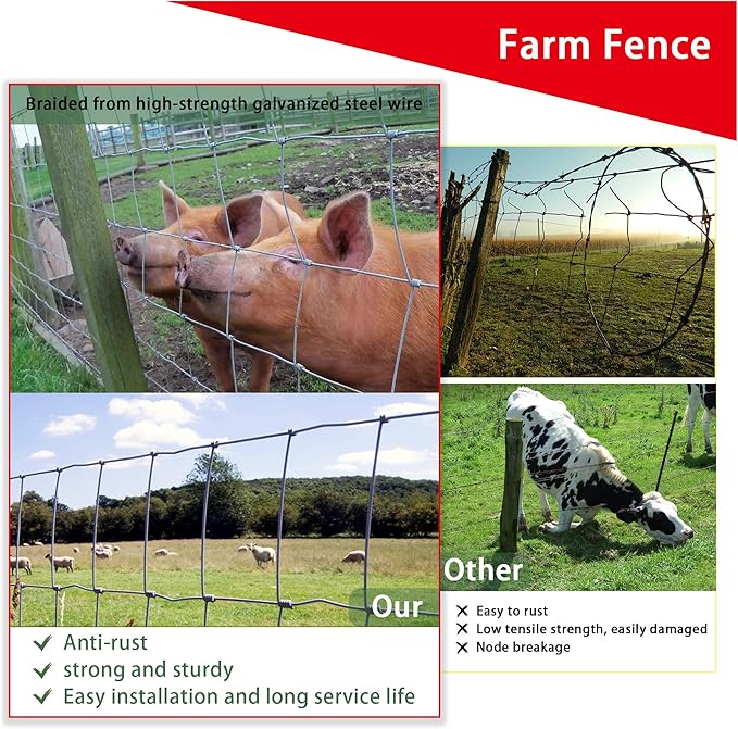 Livestock Fence, 5ft x 164ft Galvanized Cattle Fence, Deer Fence,Heavy Zinc Coating Wire Fencing,Farm Fence for Hog Goat Horse