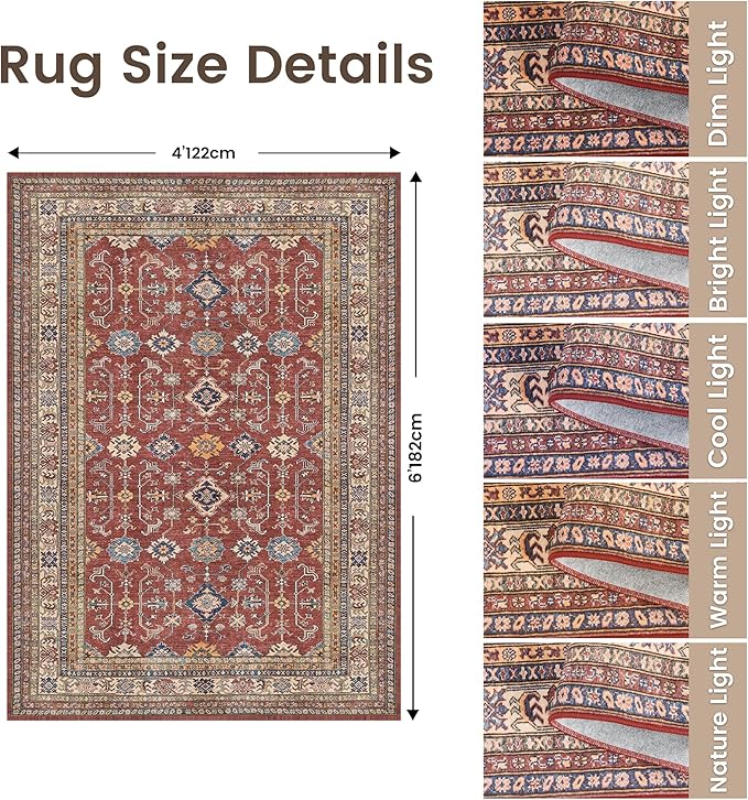 Rugland 4x6 Rug - Stain Resistant Washable Rug, Anti Slip Backing Rugs for Living Room, Vintage Tribal Area Rugs (TPR10-Burgundy, 4'x6')