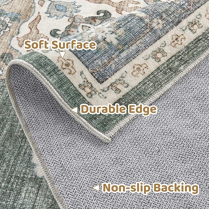 Area Rug for Entryway - 3x8 Soft Washable Oriental Vintage Floral Distressed Large Carpet - Fade Stain Resistant Non Slip Rugs for Bedroom Dining Room Nursery Dorm Office Home Decor - Green