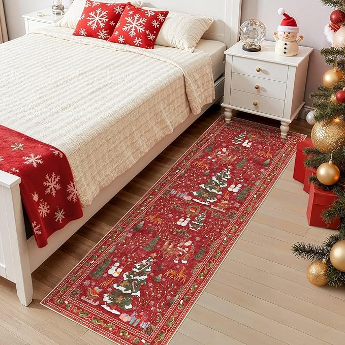 Christmas Runner Rug for Hallway: 2x6 Neutral Modern Festive Low Pile Soft Thin Indoor Carpet for Bedroom Kitchen Mat Kids Room Holiday Decor - Red