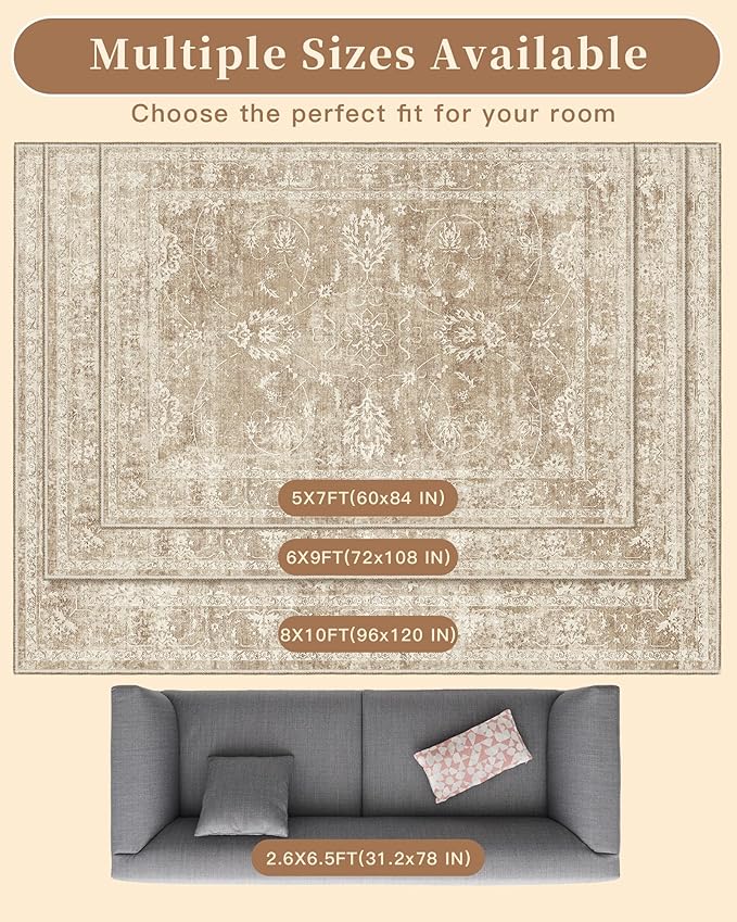 Madane Rug Runner for Hallways 2'6''x8, Washable Kitchen Runner Rugs with Non Slip Backing, Soft Floral Print Carpet Runners for Laundry Room, Bedroom, Beige/Brown