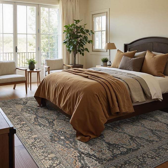 GENIMO 6x9 Area Rugs for Living Room, Machine Washable Low Pile Rugs, Chenille Non Alip Vintage Rug for Bedroom, Dining Room, Home Office, Charcoal Tan