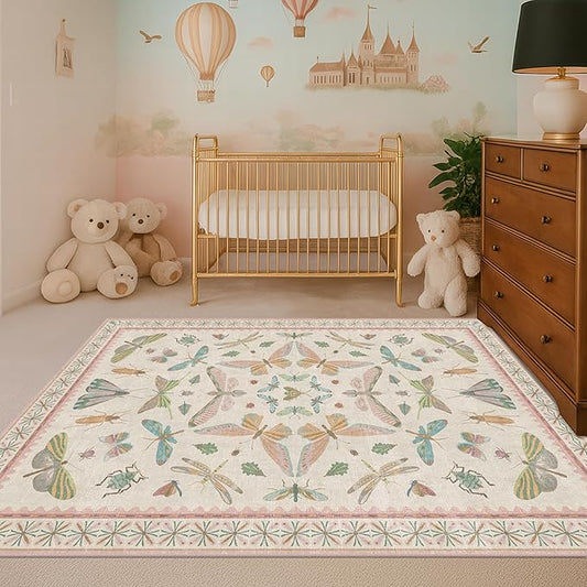 Flower Area Rug for Girls Bedroom - Washable 3x4 Light Pink Large Entryway Rug for Laundry Room, Kitchen, Bedroom, Dorm, Insect Print Vintage Floral Non-Slip Throw Rug Low Pile Stain Resistance