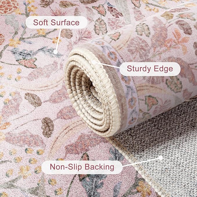AMTOVO 2x6 Runner Rug for Hallway, Washable Non-Slip Long Kitchen Carpet, Floral Vintage Distressed Floor Mat for Hallways Entryway Living Room Laundry Room Bathroom Farmhouse, Pink