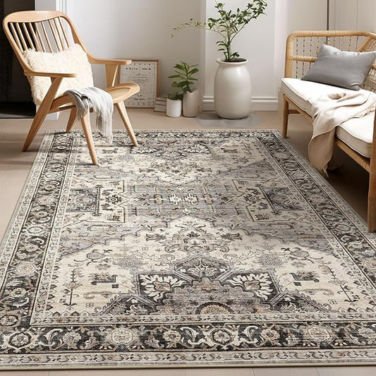 Area Rug for Living Room - 7x9 Soft Washable Oriental Vintage Floral Distressed Large Carpet - Fade Stain Resistant Non Slip Rugs for Bedroom Dining Room Nursery Dorm Office Home Decor - Brown