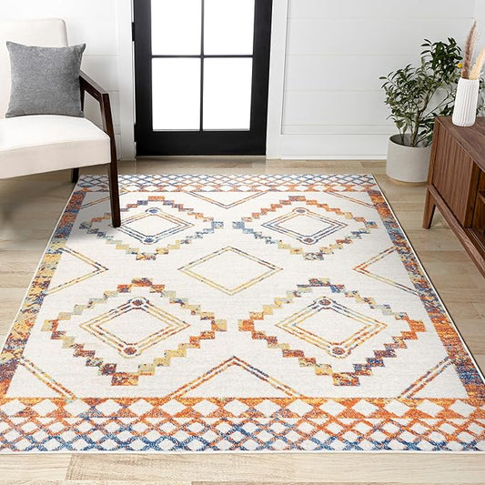 JONATHAN Y Amir Moroccan Beni Souk Ivory/Blue/Orange Indoor Area Rug, 5x8, Bohemian, Scandinavian, Easy-Cleaning for Living Room, Bedroom, Kitchen, Pet Friendly, Non-Shedding (MOH200E-5)