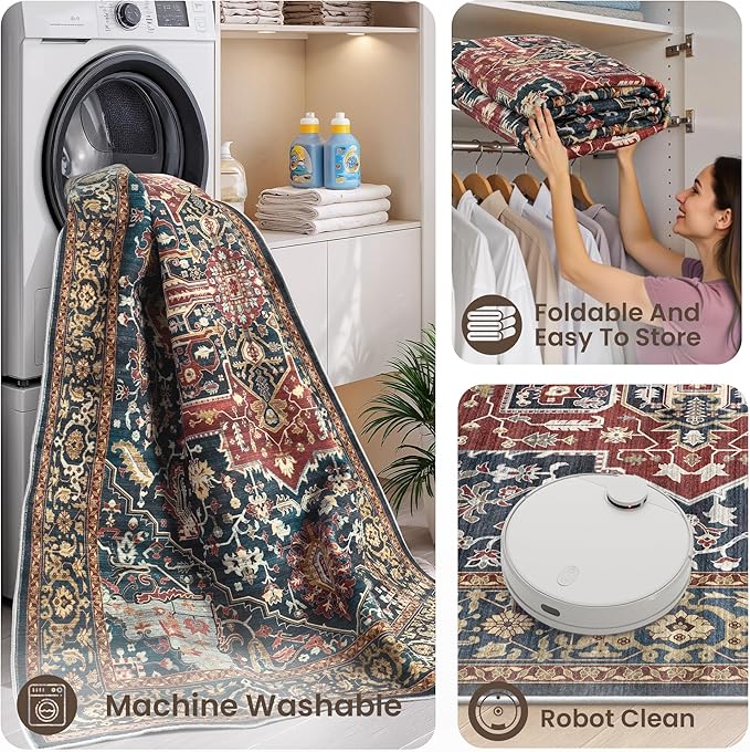 Rugland 8x10 Area Rugs - Stain Resistant Washable Rug, Anti Slip Rugs for Living Room, Vintage Tribal Area Rugs(Medallion 01-Rust/Blue, 8'x10')