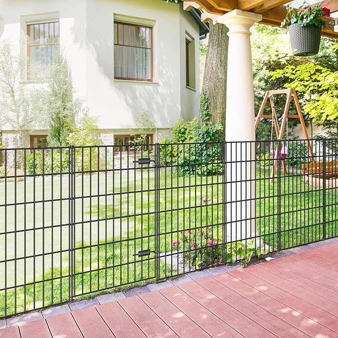 Metal Garden Fence with Gate 40in (H) x 11.7ft (L), 1 Gate + 4 Panels Dog Fence Border Fence Animal Barrier, No Dig Garden Fencing for Yard Flower Bed Lawn Patio Outdoor, PIN402805G Black